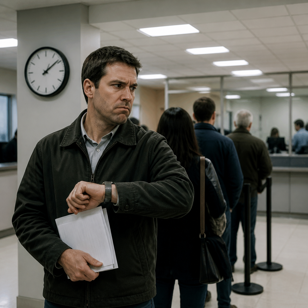 Person waiting in line at a bank for a notary